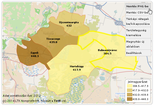 4.4.2.2.Kartogram Kartogramon a járásközponthoz tartozó járás településeire vonatkozó mutató értékei kerülnek ábrázolásra.