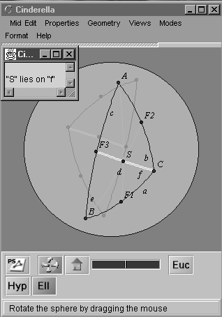 Az euklideszi geometriában egy és csak egy egyenes. A hiperbolikus geometriában legalább két egyenes. Az elliptikus geometriában egy egyenes sem. 9. ábra.