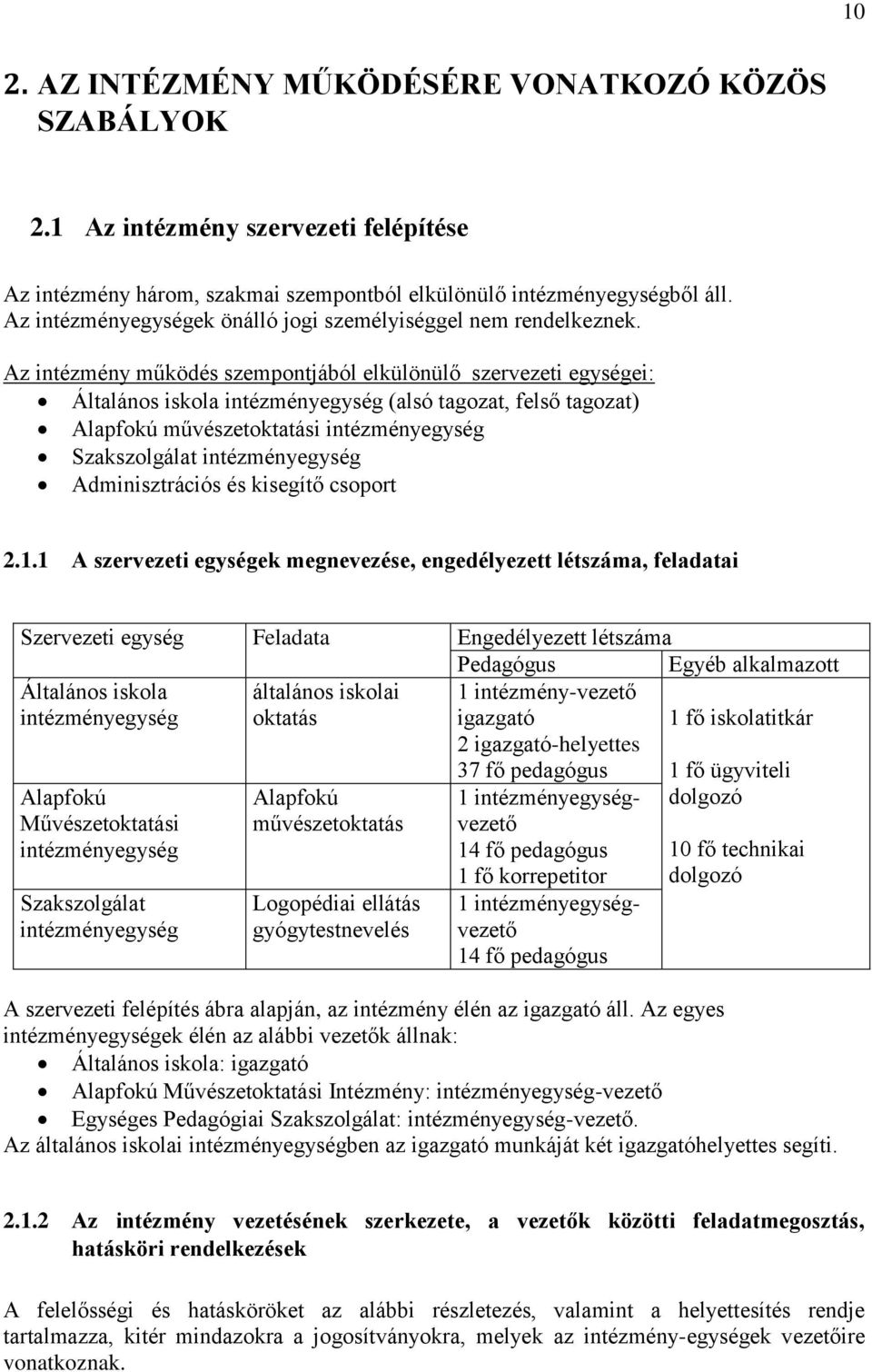 Az intézmény működés szempontjából elkülönülő szervezeti egységei: Általános iskola intézményegység (alsó tagozat, felső tagozat) Alapfokú művészetoktatási intézményegység Szakszolgálat