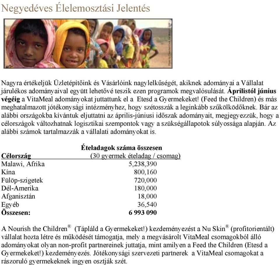 (Feed the Children) és más meghatalmazott jótékonysági intézményhez, hogy szétosszák a leginkább szűkölködőknek.