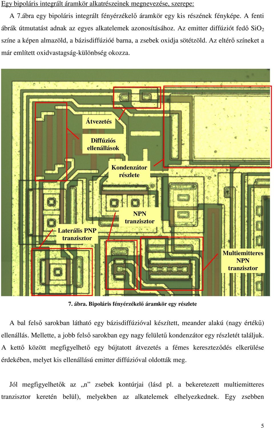 Az eltérı színeket a már említett oxidvastagság-különbség okozza. Átvezetés Diffúziós ellenállások Kondenzátor részlete Laterális PNP tranzisztor NPN tranzisztor Multiemitteres NPN tranzisztor 7.