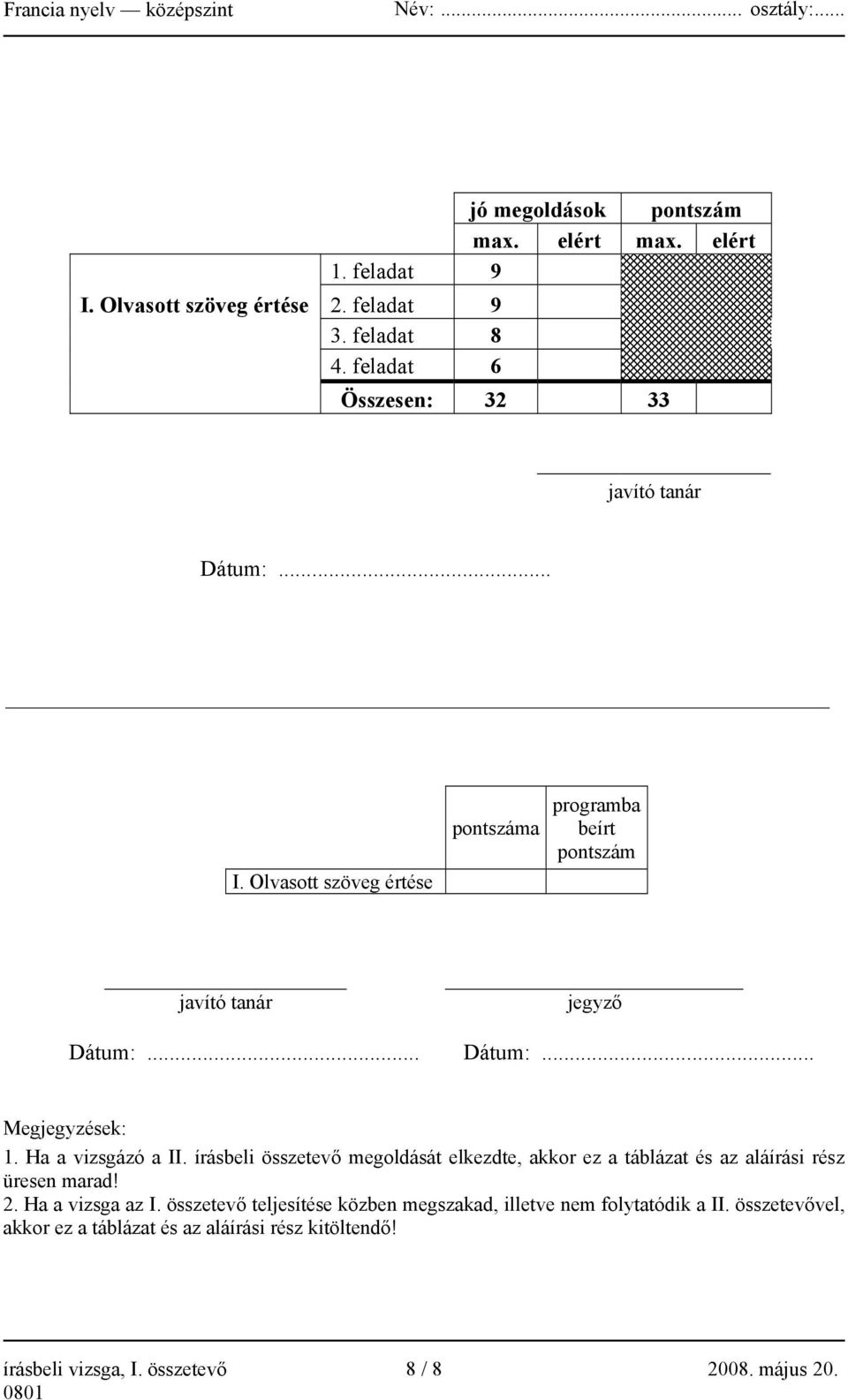 Ha a vizsgázó a II. írásbeli összetevő megoldását elkezdte, akkor ez a táblázat és az aláírási rész üresen marad! 2. Ha a vizsga az I.