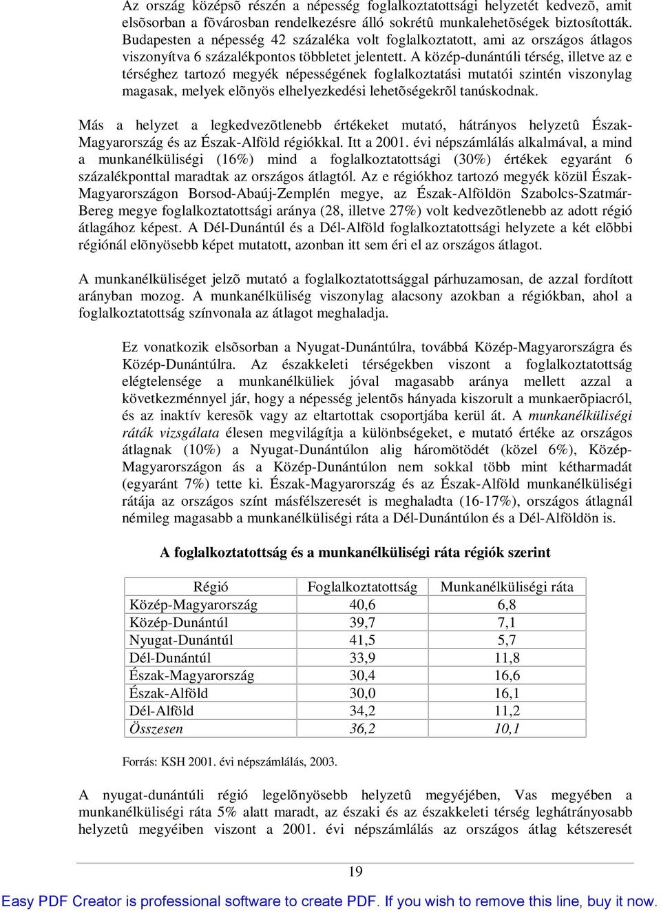 A közép-dunántúli térség, illetve az e térséghez tartozó megyék népességének foglalkoztatási mutatói szintén viszonylag magasak, melyek elõnyös elhelyezkedési lehetõségekrõl tanúskodnak.