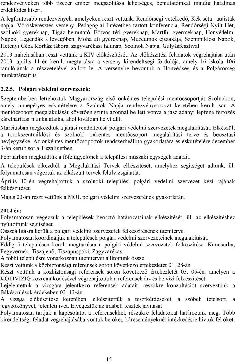 gyereknap, Tigáz bemutató, Eötvös téri gyereknap, Martfűi gyermeknap, Honvédelmi Napok, Legendák a levegőben, Moha úti gyereknap, Múzeumok éjszakája, Szentmiklósi Napok, Hetényi Géza Kórház tábora,