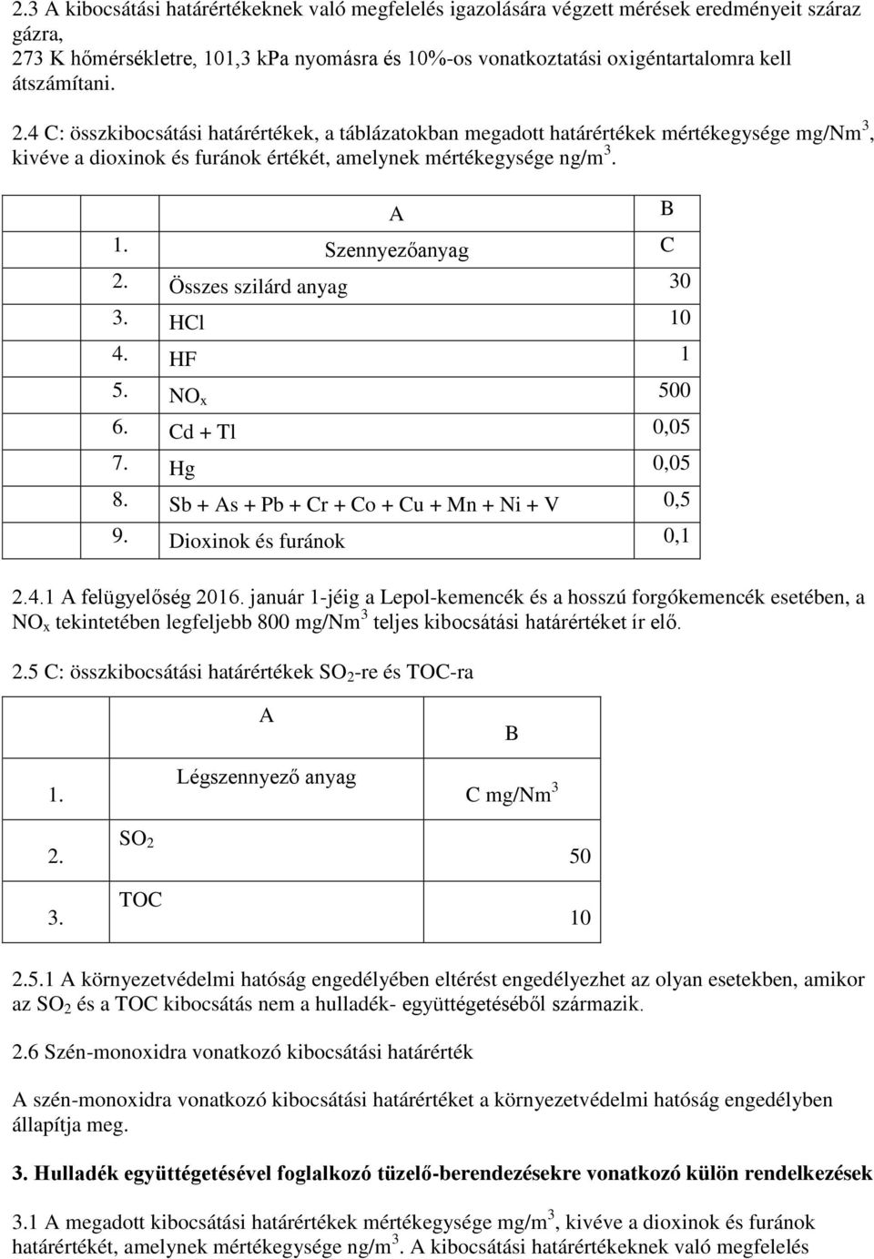 Szennyezőanyag C 2. Összes szilárd anyag 30 3. HCl 10 4. HF 1 5. NO x 500 6. Cd + Tl 0,05 7. Hg 0,05 8. Sb + s + Pb + Cr + Co + Cu + Mn + Ni + V 0,5 9. Dioxinok és furánok 0,1 2.4.1 felügyelőség 2016.