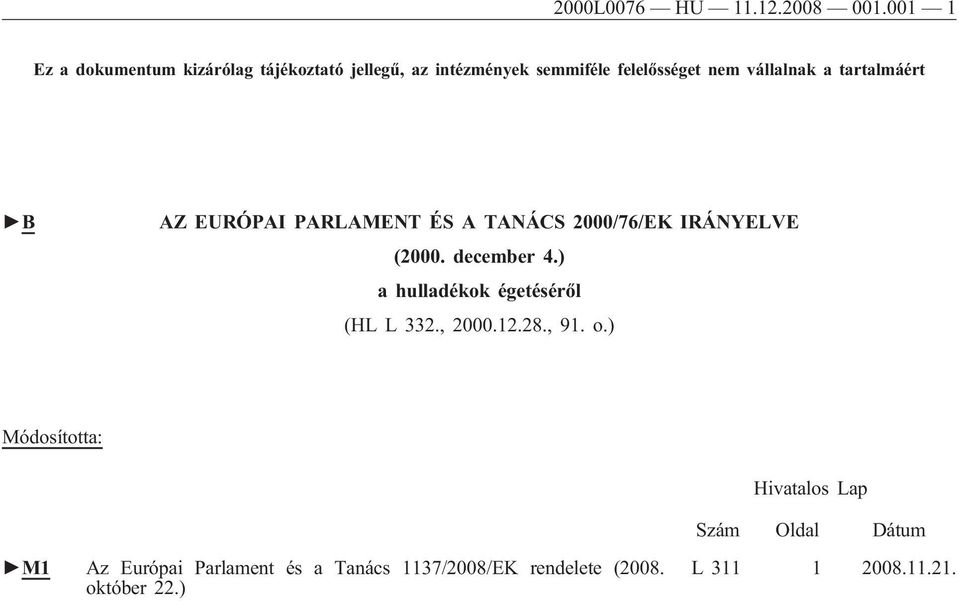 a tartalmáért B AZ EURÓPAI PARLAMENT ÉS A TANÁCS 2000/76/EK IRÁNYELVE (2000. december 4.