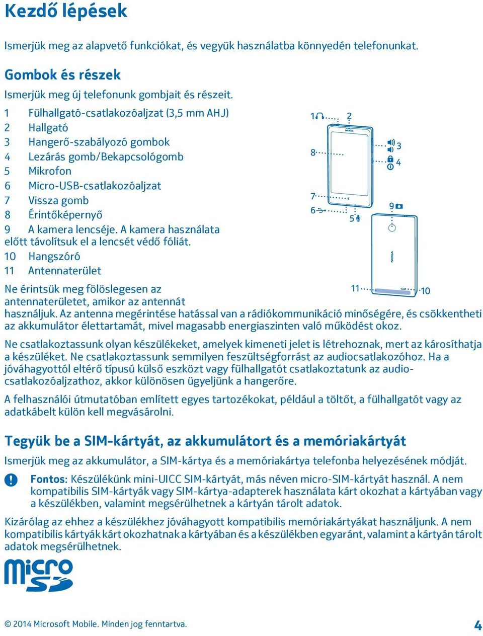 lencséje. A kamera használata előtt távolítsuk el a lencsét védő fóliát. 10 Hangszóró 11 Antennaterület Ne érintsük meg fölöslegesen az antennaterületet, amikor az antennát használjuk.