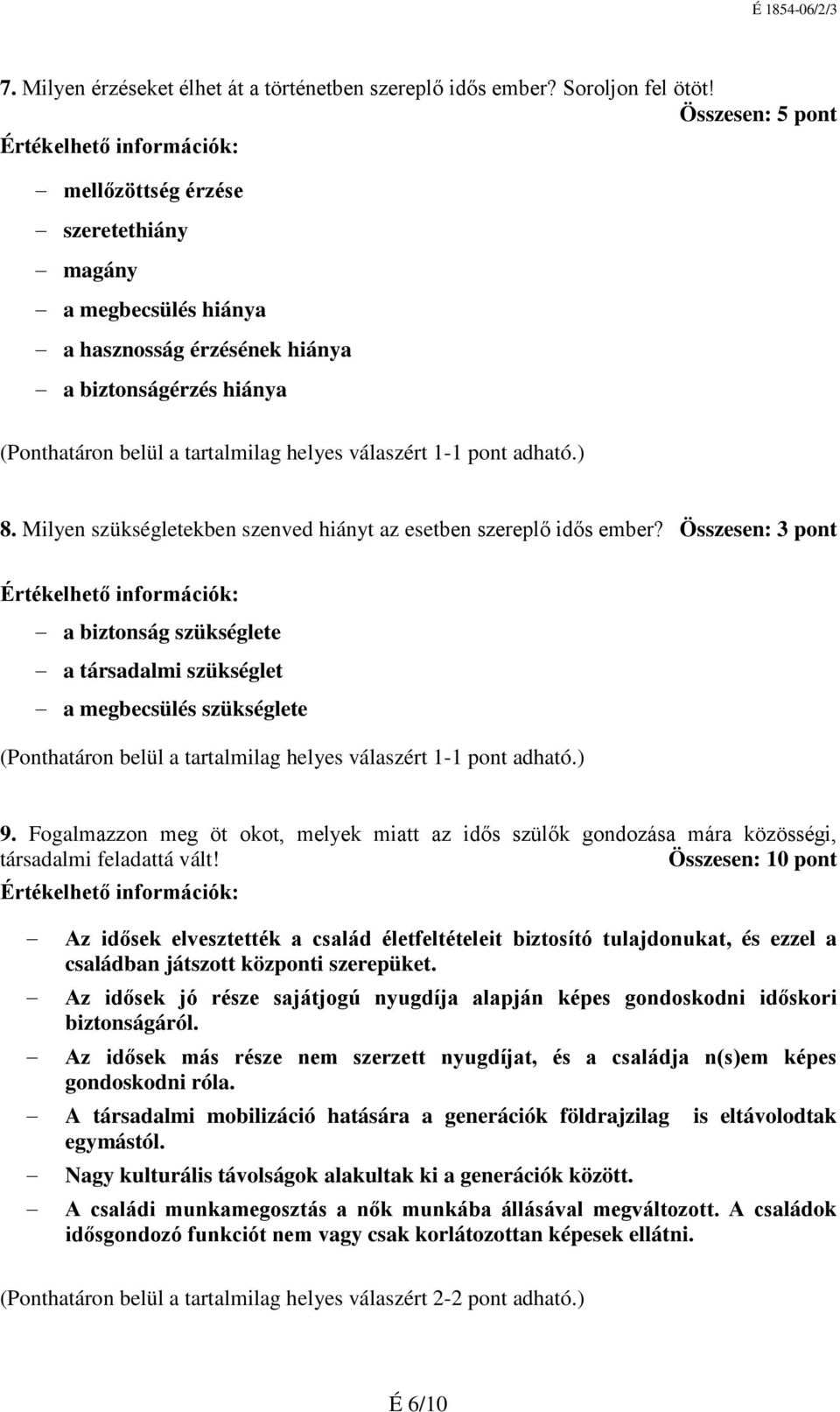 Összesen: 3 pont a biztonság szükséglete a társadalmi szükséglet a megbecsülés szükséglete 9. Fogalmazzon meg öt okot, melyek miatt az idős szülők gondozása mára közösségi, társadalmi feladattá vált!