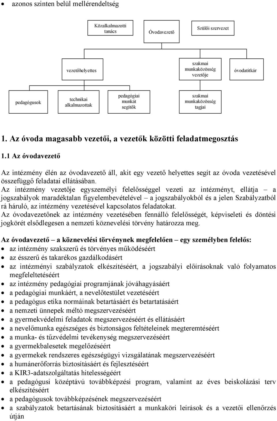 1 Az óvodavezető Az intézmény élén az óvodavezető áll, akit egy vezető helyettes segít az óvoda vezetésével összefüggő feladatai ellátásában.