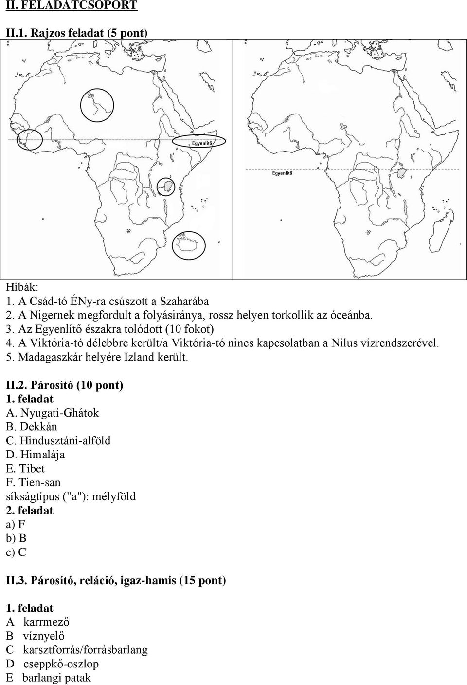 A Viktória-tó délebbre került/a Viktória-tó nincs kapcsolatban a Nílus vízrendszerével. 5. Madagaszkár helyére Izland került. II.2. Párosító (10 pont) 1. feladat A.