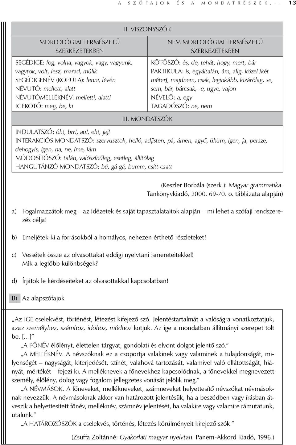 Névutómelléknév: melletti, alatti Igekötő: meg, be, ki Nem morfológiai természetű szerkezetekben Kötőszó: és, de, tehát, hogy, mert, bár Partikula: is, egyáltalán, ám, alig, közel [két méter],