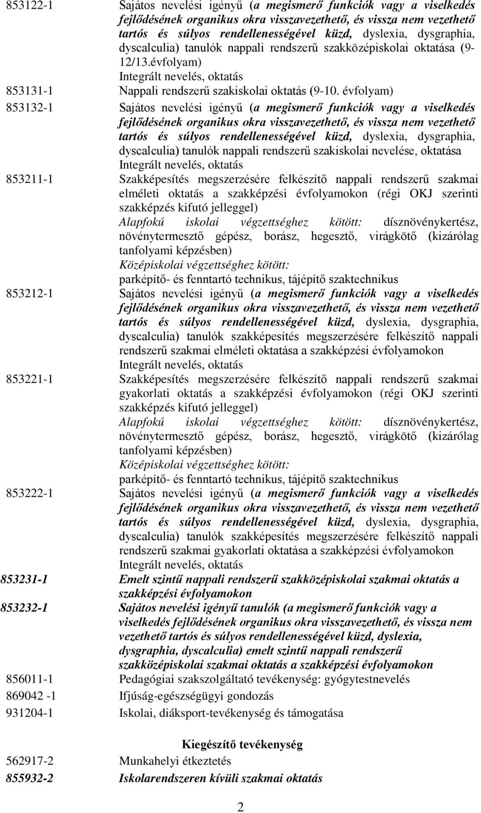 évfolyam) 853132-1 Sajátos nevelési igényű (a megismerő funkciók vagy a viselkedés dyscalculia) tanulók nappali rendszerű szakiskolai nevelése, oktatása 853211-1 megszerzésére felkészítő nappali