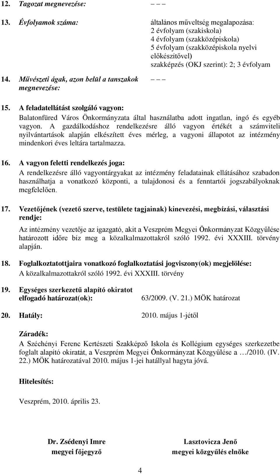 Művészeti ágak, azon belül a tanszakok e: 15. A feladatellátást szolgáló vagyon: Balatonfüred Város Önkormányzata által használatba adott ingatlan, ingó és egyéb vagyon.