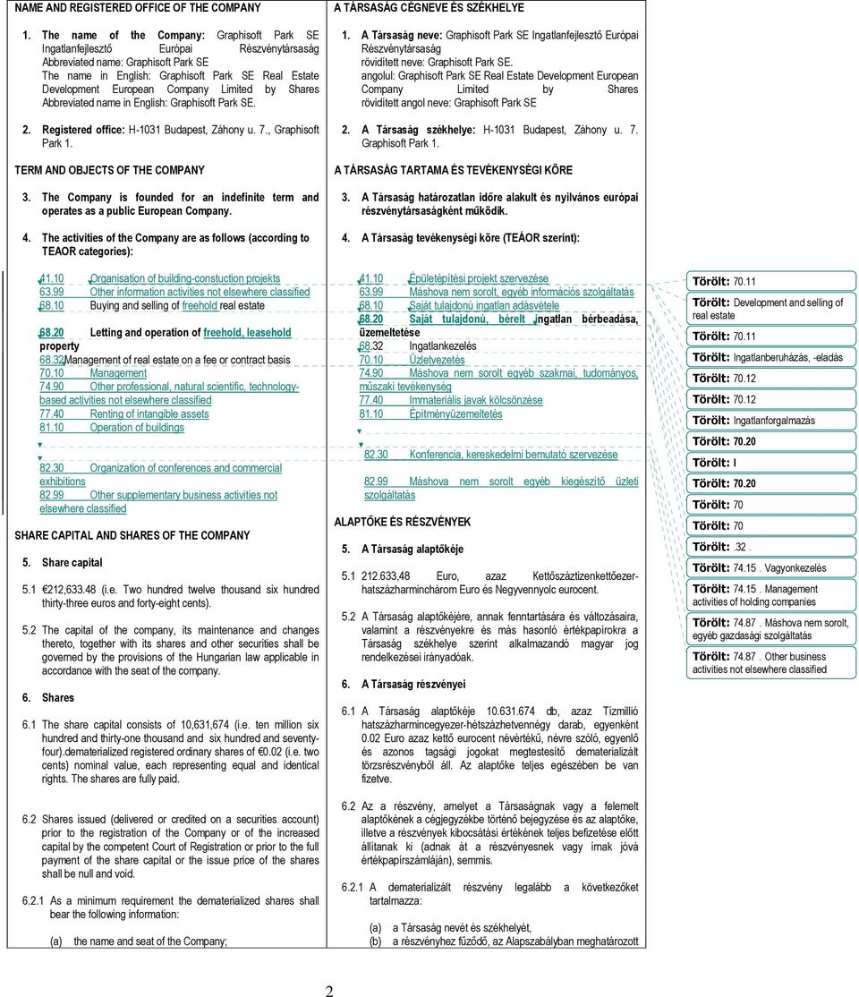 Company Limited by Shares Abbreviated name in English: Graphisoft Park SE. 2. Registered office: H-1031 Budapest, Záhony u. 7., Graphisoft Park 1. TERM AND OBJECTS OF THE COMPANY 3.