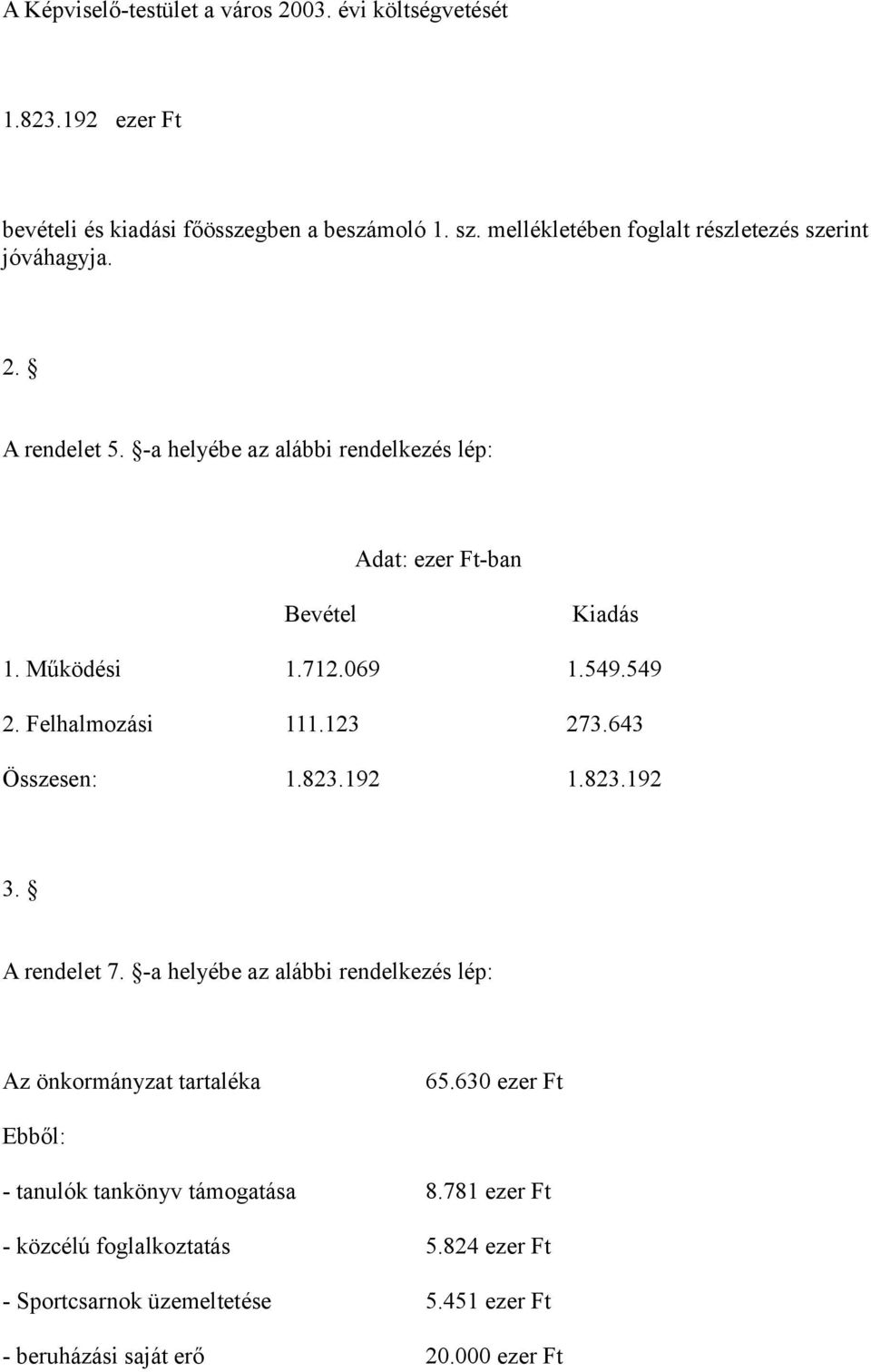 712.069 1.549.549 2. Felhalmozási 111.123 273.643 Összesen: 1.823.192 1.823.192 3. A rendelet 7.