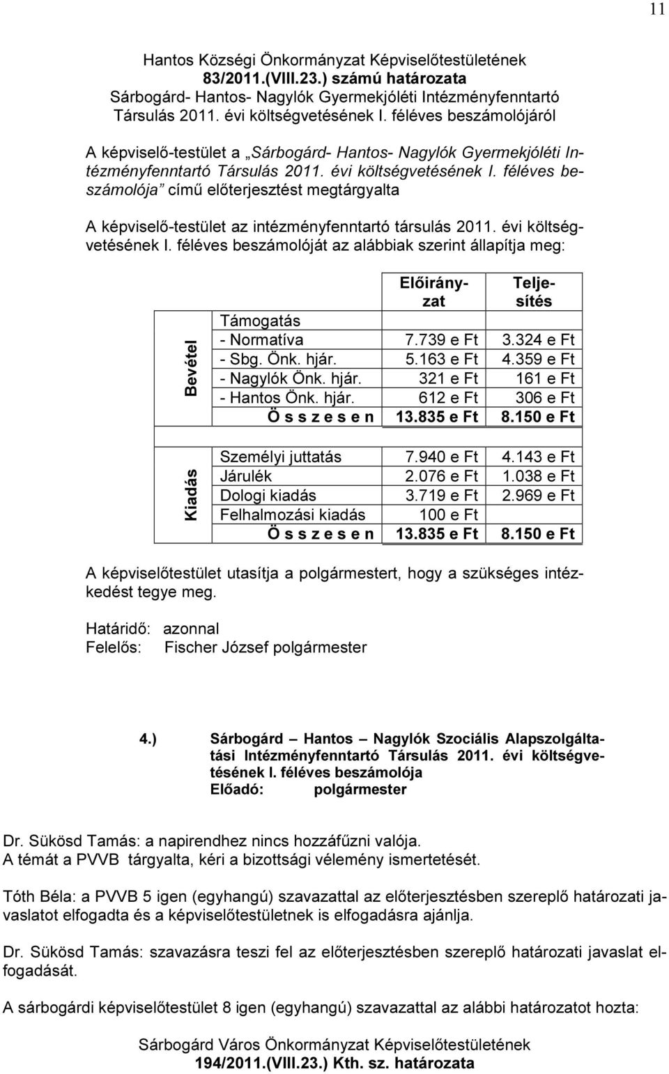 féléves beszámolója című előterjesztést megtárgyalta A képviselő-testület az intézményfenntartó társulás 2011. évi költségvetésének I.