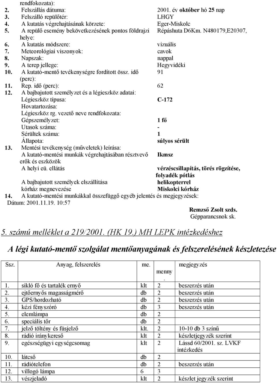 A terep jellege: Hegyvidéki 10. A kutató-mentő tevékenységre fordított össz. idő 91 (perc): 11. Rep. idő (perc): 62 12.