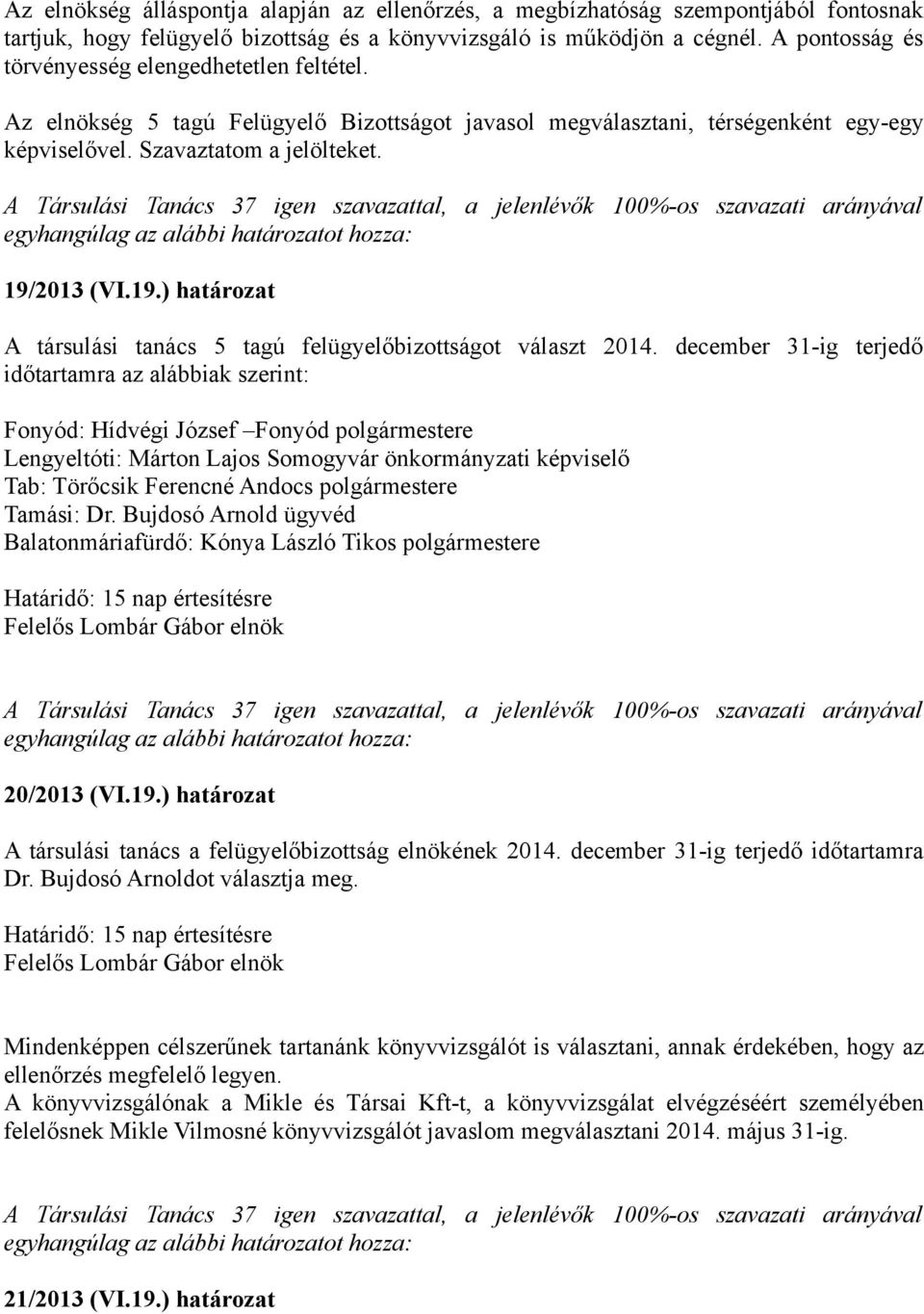 2013 (VI.19.) határozat A társulási tanács 5 tagú felügyelőbizottságot választ 2014.