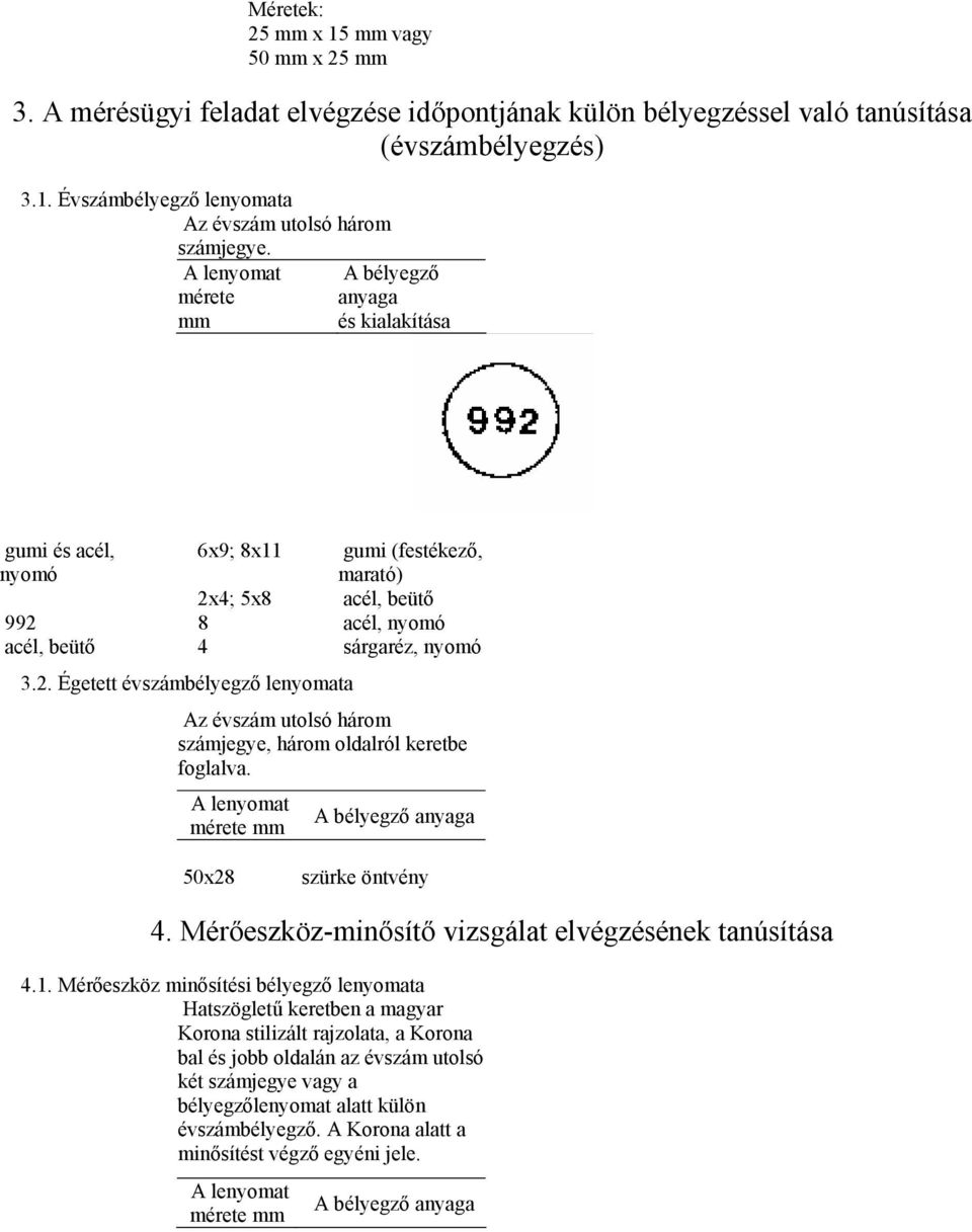 4; 5x8 acél, beütő 992 8 acél, nyomó acél, beütő 4 sárgaréz, nyomó 3.2. Égetett évszámbélyegző lenyomata Az évszám utolsó három számjegye, három oldalról keretbe foglalva.