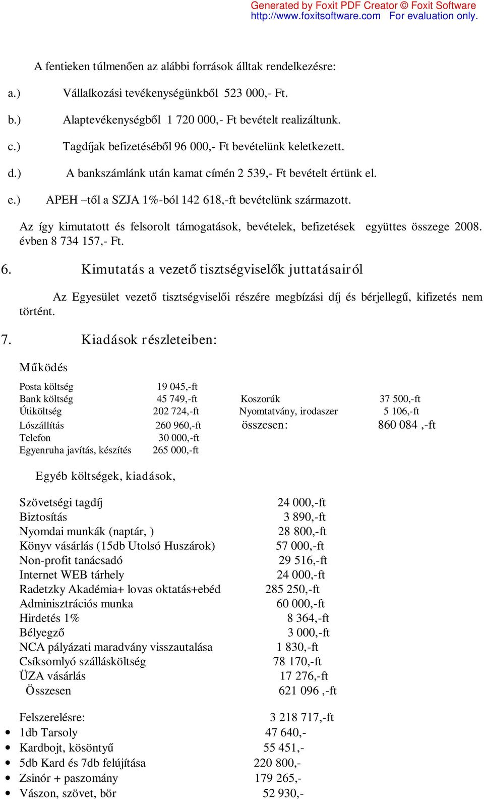 APEH től a SZJA 1%-ból 142 618,-ft bevételünk származott. Az így kimutatott és felsorolt támogatások, bevételek, befizetések együttes összege 2008. évben 8 734 157,- Ft. 6. Kimutatás a vezető tisztségviselők juttatásairól Az Egyesület vezető tisztségviselői részére megbízási díj és bérjellegű, kifizetés nem történt.