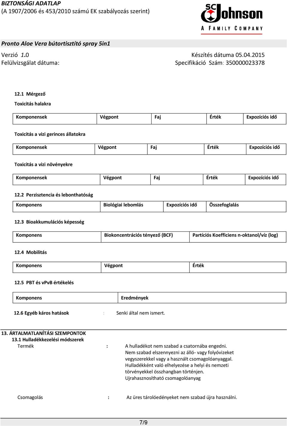 3 Bioakkumulációs képesség Komponens Biokoncentrációs tényező (BCF) Partíciós Koefficiens n-oktanol/víz (log) 12.4 Mobilitás Komponens Végpont Érték 12.5 PBT és vpvb értékelés Komponens Eredmények 12.