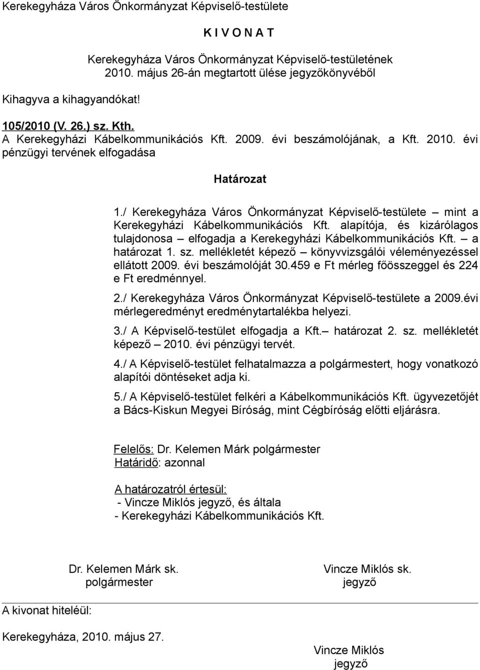 sz. mellékletét képező könyvvizsgálói véleményezéssel ellátott 2009. évi beszámolóját 30.459 e Ft mérleg főösszeggel és 224 e Ft eredménnyel. 2./ Kerekegyháza Város Önkormányzat Képviselő-testülete a 2009.