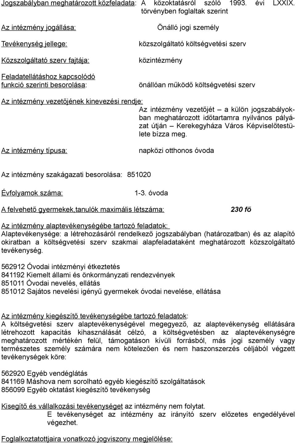 költségvetési szerv közintézmény önállóan működő költségvetési szerv Az intézmény vezetőjének kinevezési rendje: Az intézmény vezetőjét a külön jogszabályokban meghatározott időtartamra nyilvános