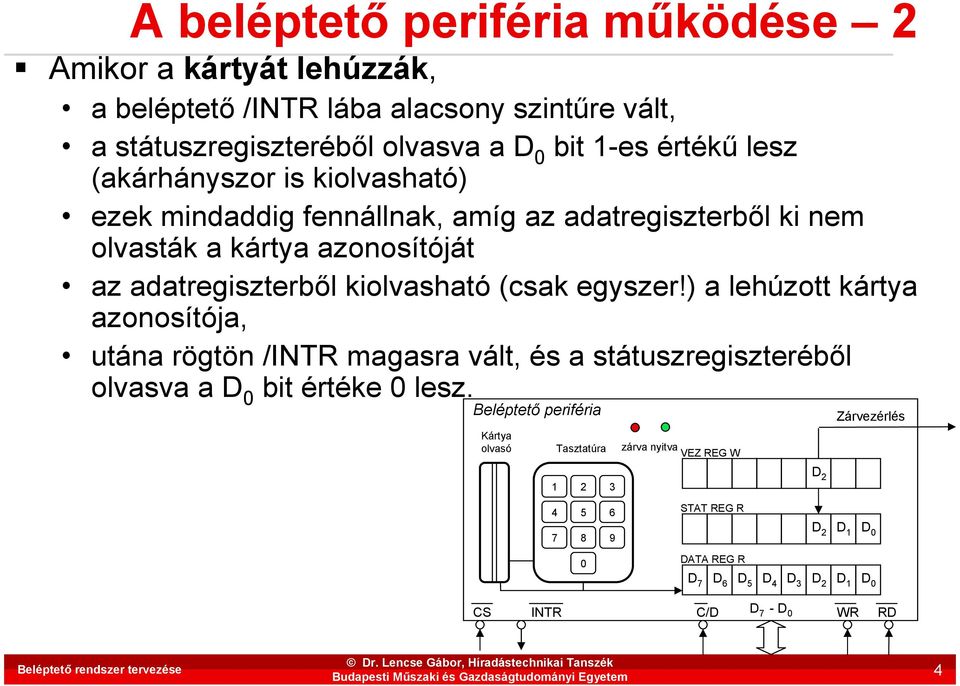 ) a lehúzott kártya azonosítója, utána rögtön /INTR magasra vált, és a státuszregiszterébıl olvasva a D 0 bit értéke 0 lesz.