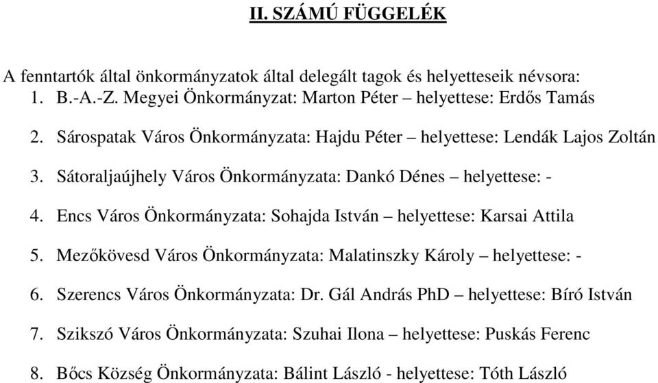 Sátoraljaújhely Város Önkormányzata: Dankó Dénes helyettese: - 4. Encs Város Önkormányzata: Sohajda István helyettese: Karsai Attila 5.