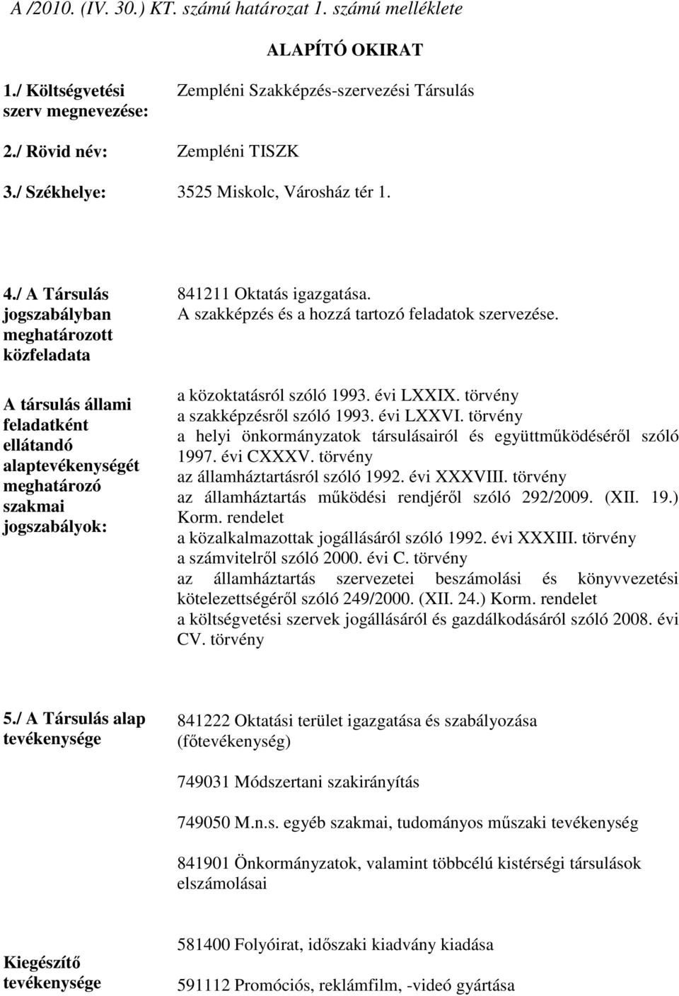 / A Társulás jogszabályban meghatározott közfeladata A társulás állami feladatként ellátandó alaptevékenységét meghatározó szakmai jogszabályok: 841211 Oktatás igazgatása.