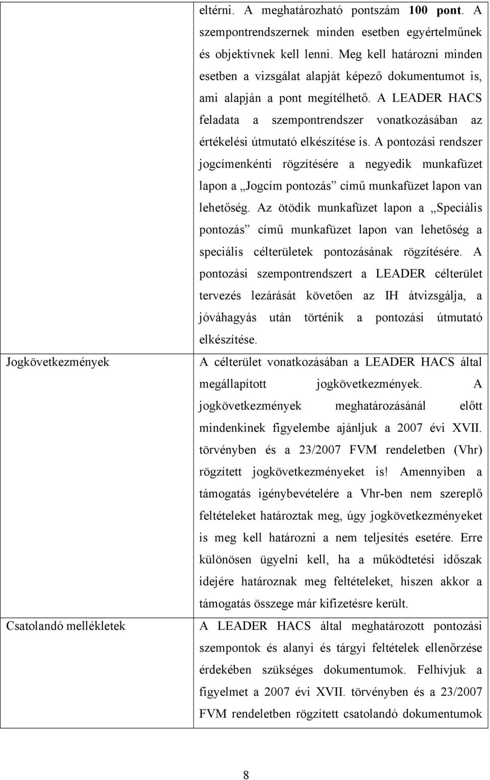 A LEADER HACS feladata a szempontrendszer vonatkozásában az értékelési útmutató elkészítése is.