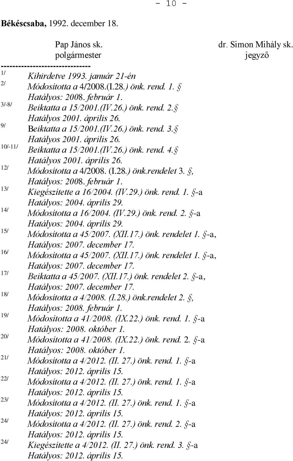 (IV.26.) önk. rend. 4. Hatályos 2001. április 26. 12/ Módosította a 4/2008. (I.28.) önk.rendelet 3., Hatályos: 2008. február 1. 13/ Kiegészítette a 16/2004. (IV.29.) önk. rend. 1. -a Hatályos: 2004.