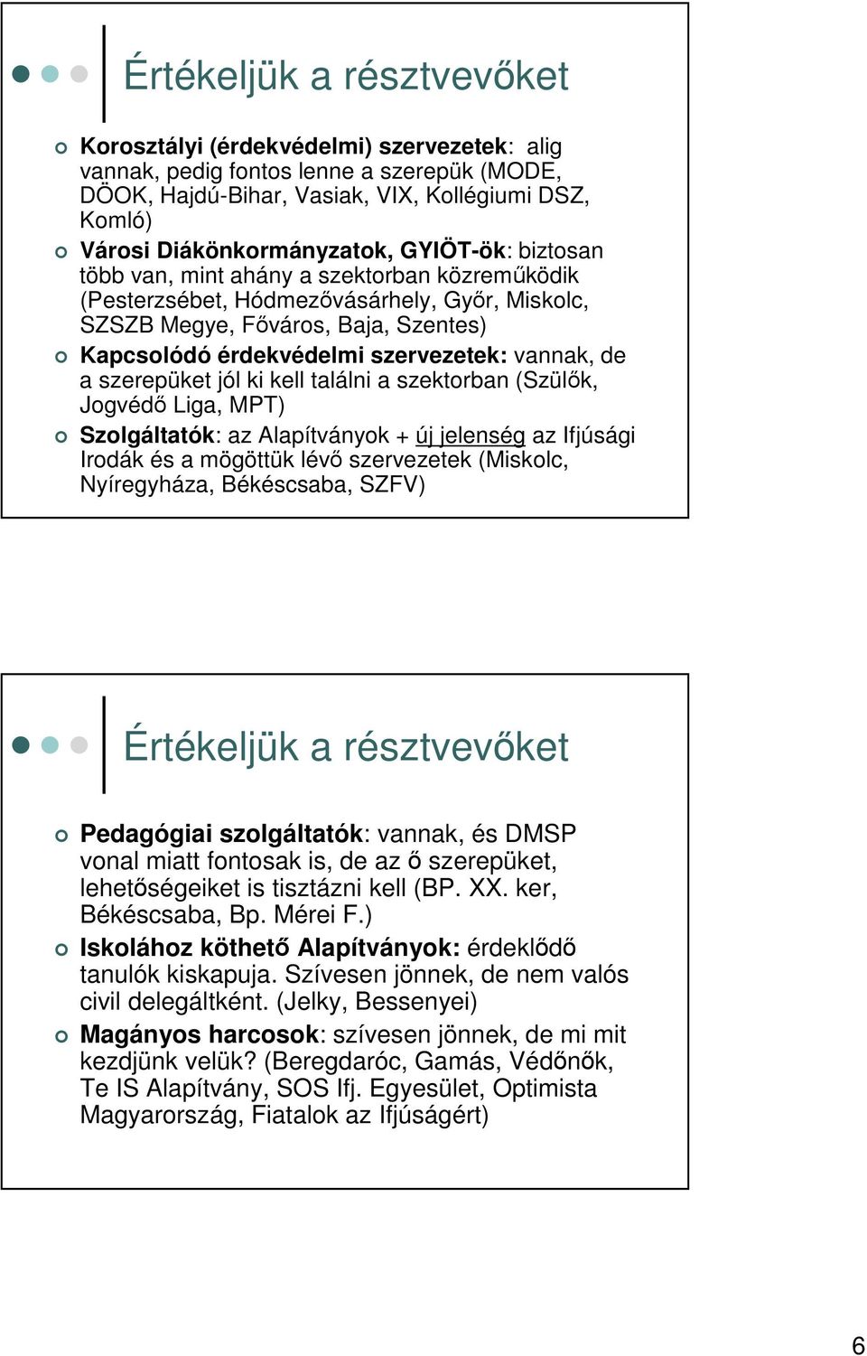 szerepüket jól ki kell találni a szektorban (Szülk, Jogvéd Liga, MPT) Szolgáltatók: az Alapítványok + új jelenség az Ifjúsági Irodák és a mögöttük lév szervezetek (Miskolc, Nyíregyháza, Békéscsaba,