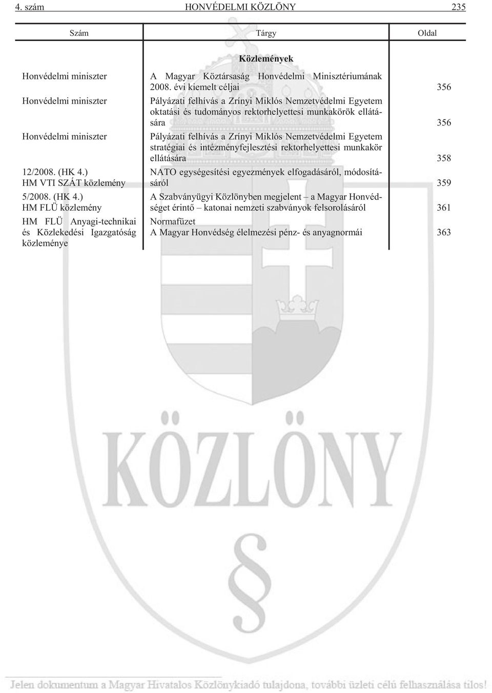 ) HM VTI SZÁT köz le mény 5/2008. (HK 4.