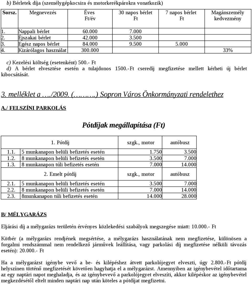 -Ft cseredíj megfizetése mellett kérheti új bérlet kibocsátását. 3. melléklet a./2009. (.) Sopron Város Önkormányzati rendelethez A./ FELSZÍNI PARKOLÁS Pótdíjak megállapítása (Ft) 1. Pótdíj szgk.