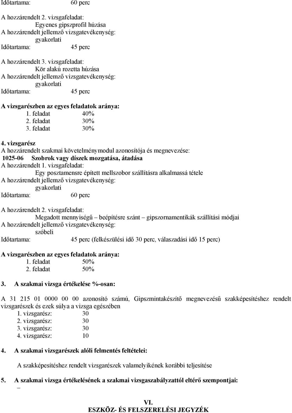 vizsgarész hozzárendelt szakmai követelménymodul azonosítója és megnevezése: 1025-06 Szobrok vagy díszek mozgatása, átadása hozzárendelt 1.