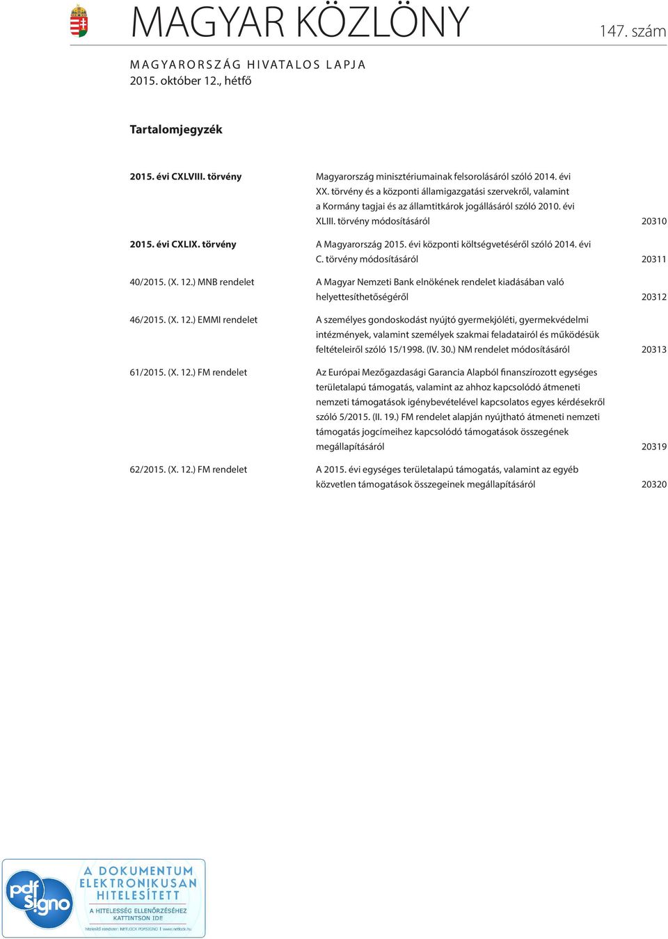 törvény A Magyarország 2015. évi központi költségvetéséről szóló 2014. évi C. törvény módosításáról 20311 40/2015. (X. 12.