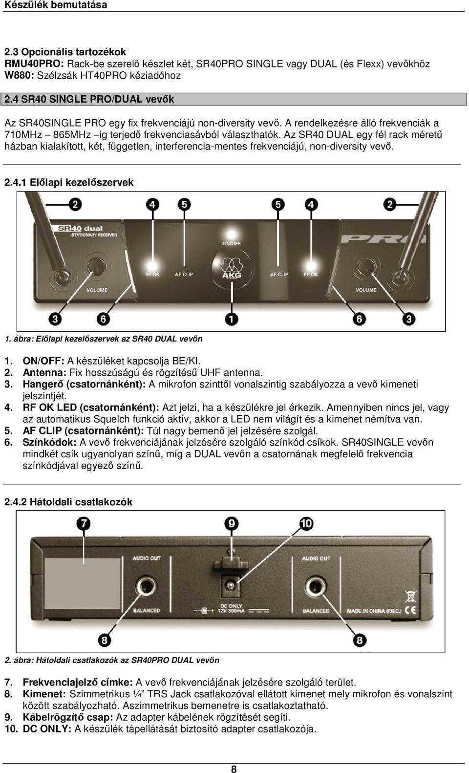 Az SR40 DUAL egy fél rack méretű házban kialakított, két, független, interferencia-mentes frekvenciájú, non-diversity vevő. 2.4.1 Előlapi kezelőszervek 1.