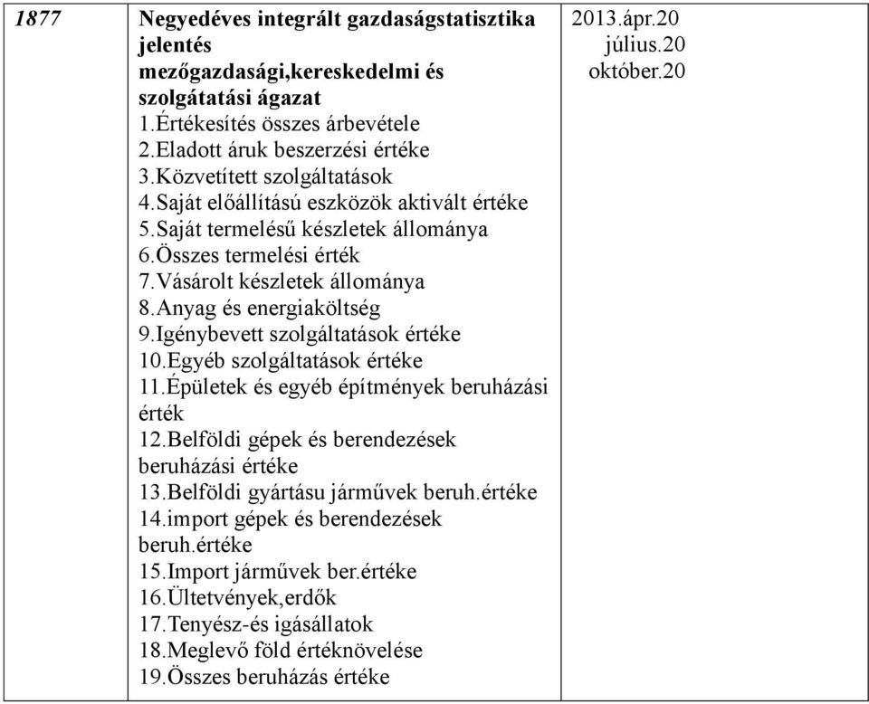 Igénybevett szolgáltatások értéke 10.Egyéb szolgáltatások értéke 11.Épületek és egyéb építmények beruházási érték 12.Belföldi gépek és berendezések beruházási értéke 13.