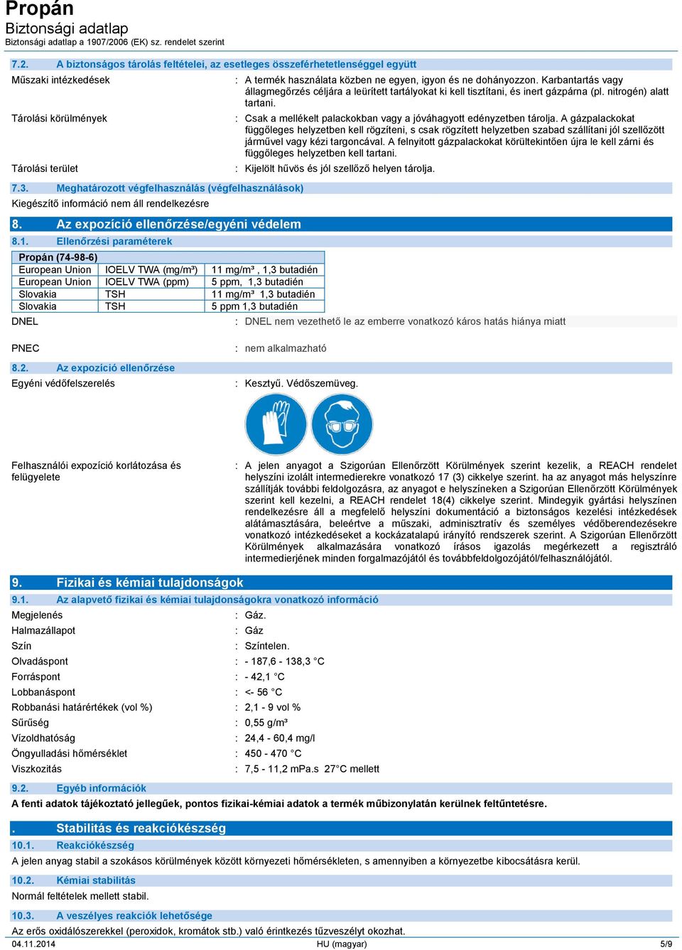 Ellenőrzési paraméterek European Union IOELV TWA (mg/m³) 11 mg/m³, 1,3 butadién European Union IOELV TWA (ppm) 5 ppm, 1,3 butadién Slovakia TSH 11 mg/m³ 1,3 butadién Slovakia TSH 5 ppm 1,3 butadién