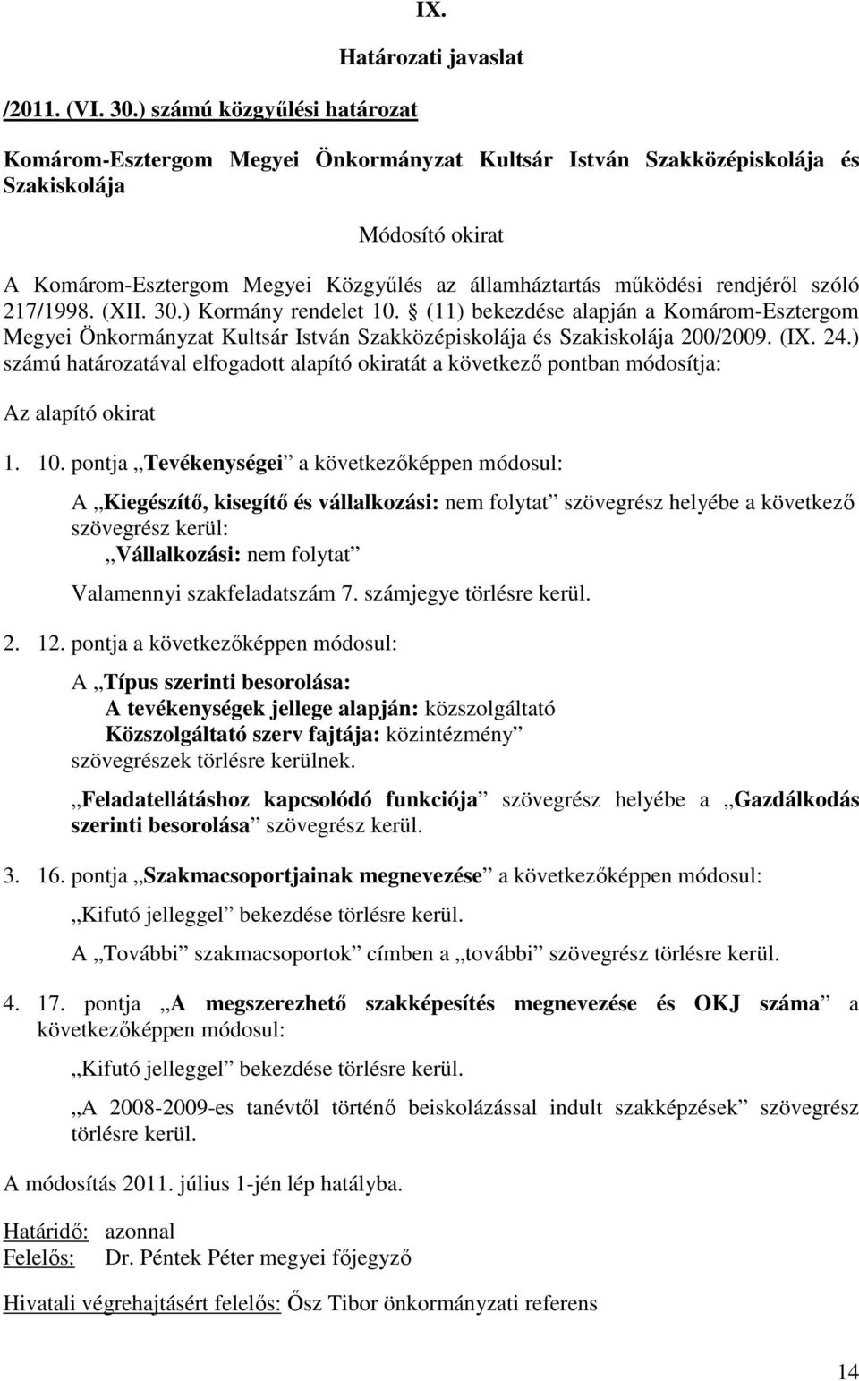 pontja Tevékenységei a következıképpen módosul: A Kiegészítı, kisegítı és vállalkozási: nem folytat szövegrész helyébe a következı szövegrész kerül: Vállalkozási: nem folytat Valamennyi