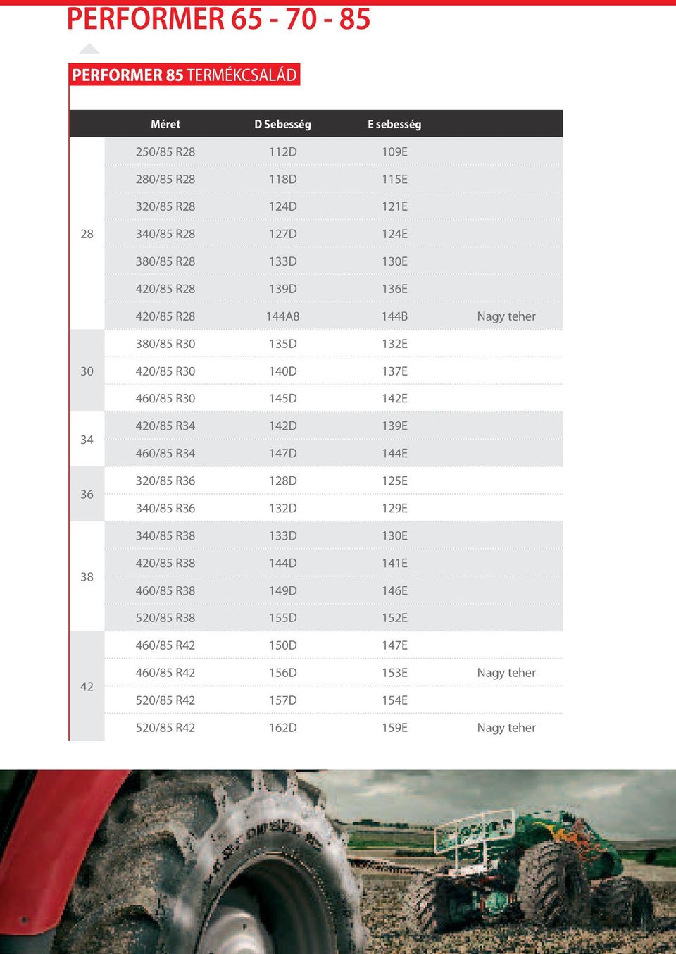 460/85 R30 145D 142E 34 36 420/85 R34 142D 139E 460/85 R34 147D 144E 320/85 R36 128D 125E 340/85 R36 132D 129E 340/85 R38 133D 130E 38 420/85 R38