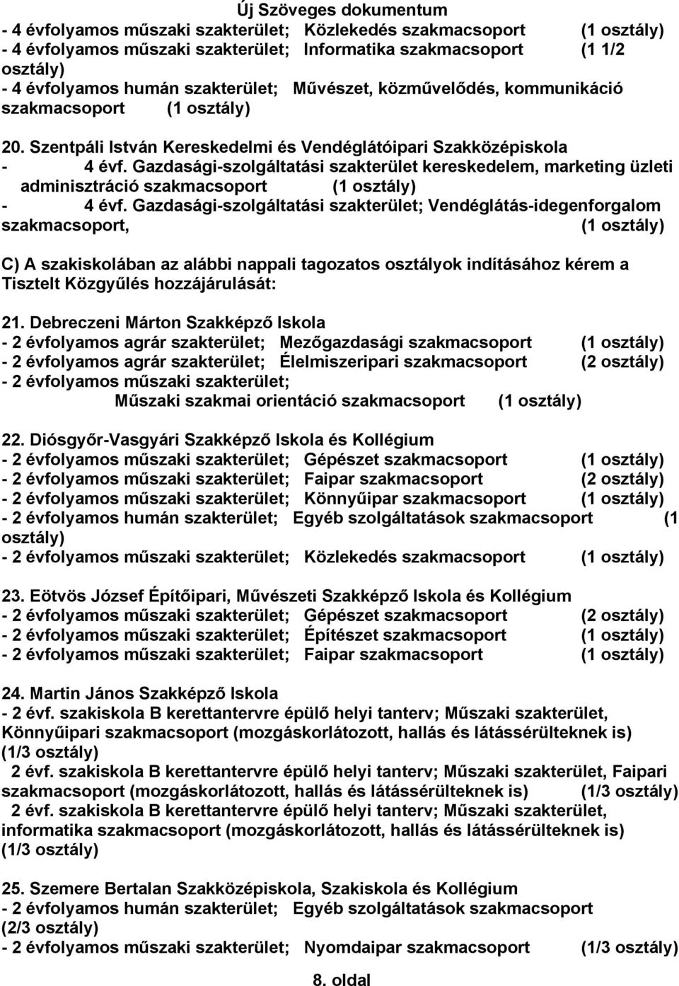 Gazdasági-szolgáltatási szakterület; Vendéglátás-idegenforgalom szakmacsoport, (1 C) A szakiskolában az alábbi nappali tagozatos osztályok indításához kérem a Tisztelt Közgyűlés hozzájárulását: 21.