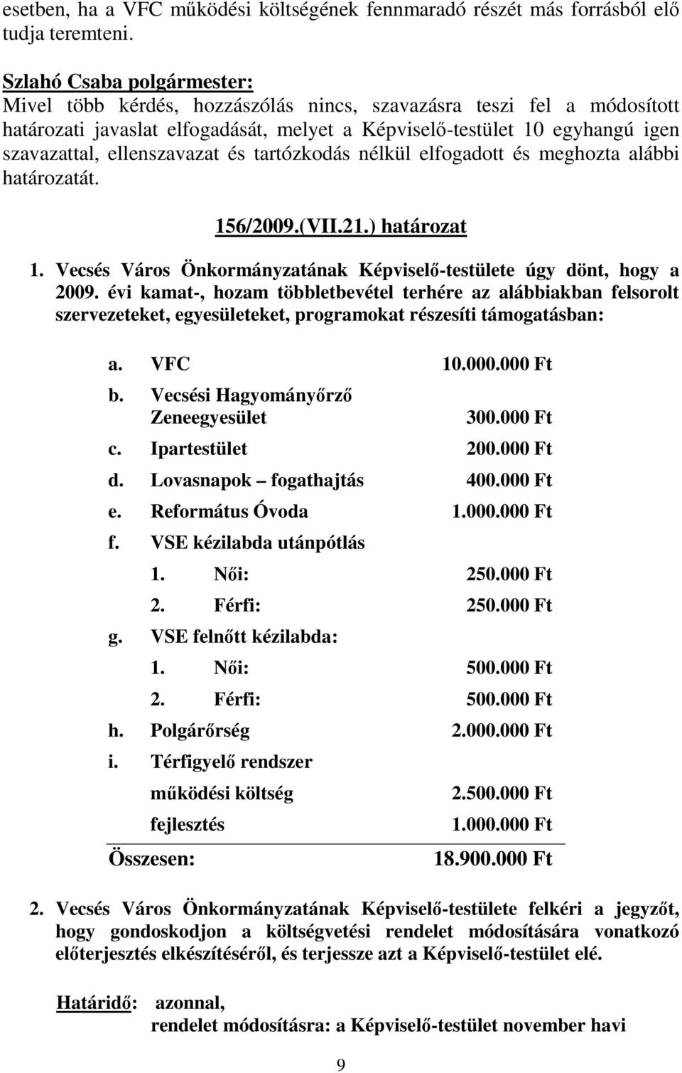 elfogadott és meghozta alábbi határozatát. 156/2009.(VII.21.) határozat 1. Vecsés Város Önkormányzatának Képviselı-testülete úgy dönt, hogy a 2009.