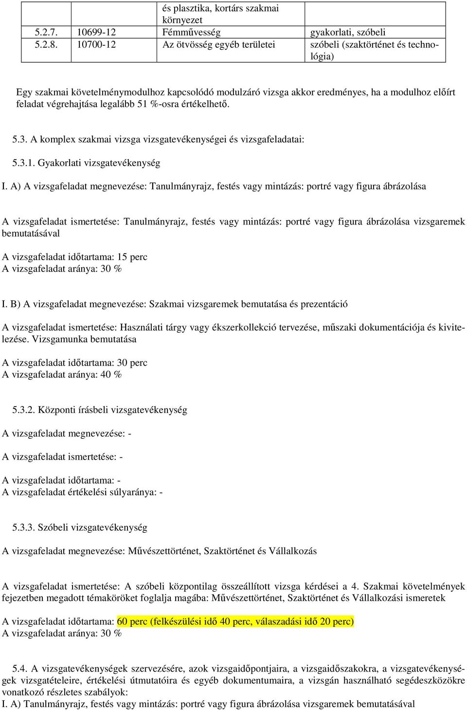 legalább 51 %-osra értékelhető. 5.3. A komplex szakmai vizsga vizsgatevékenységei és vizsgafeladatai: 5.3.1. Gyakorlati vizsgatevékenység I.