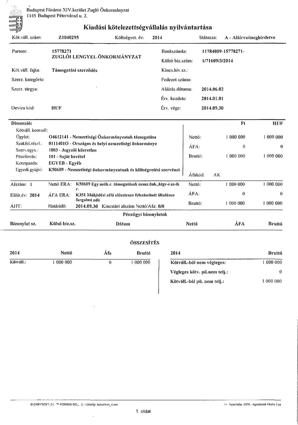 kategória: Támogatási szerződés Kincs. Iiiv.sz.: Fedezet száma: Szerz. tárgya: Aláírás dátuma: 2014.06.02 Érv. kezdete: 2014.01.01 Deviza kód: HUF Érv. vége: 2014.09.30 Dimenzió: Kötváll.