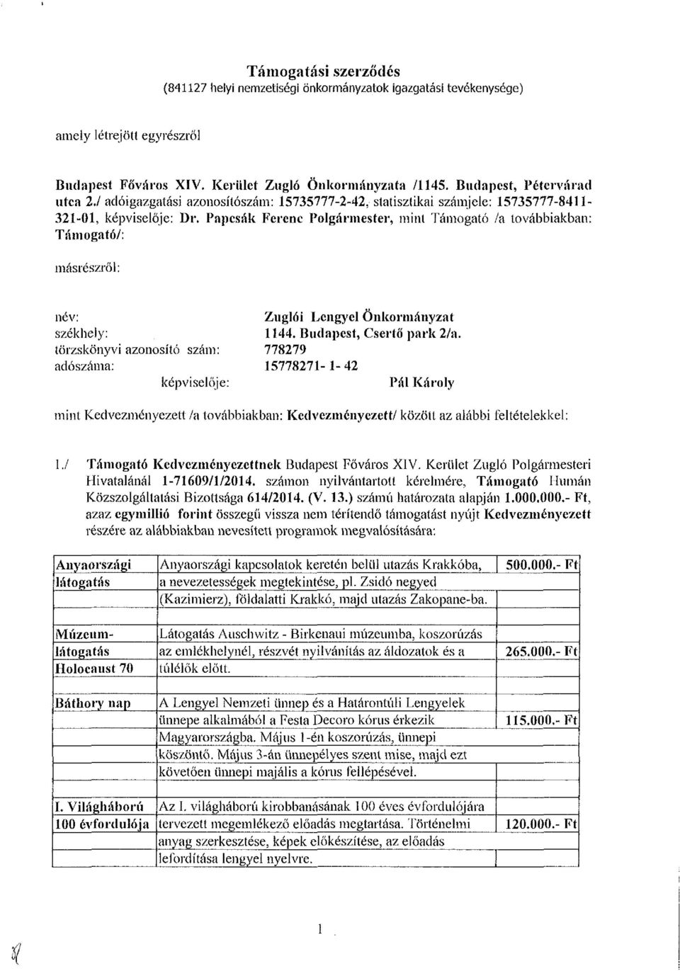 Papcsák Ferenc Polgármester, mini Támogató /a továbbiakban: Támogató/: másrészről: név: Zuglói Lengyel Önkormányzat székhely: 1144. Budapest, Csertő park 2/a.