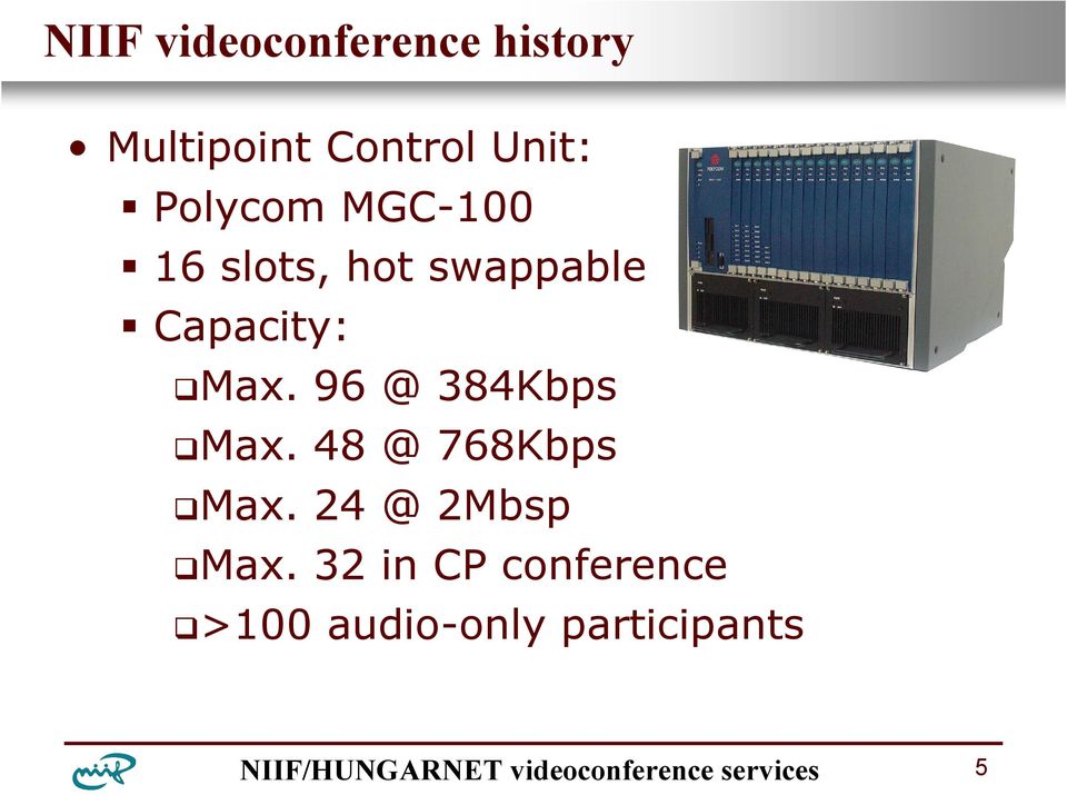 swappable Capacity: Max. 96 @ 384Kbps Max. 48 @ 768Kbps Max. 24 @ 2Mbsp Max.