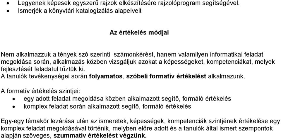 vizsgáljuk azokat a képességeket, kompetenciákat, melyek fejlesztését feladatul tűztük ki. A tanulók tevékenységei során folyamatos, szóbeli formatív értékelést alkalmazunk.