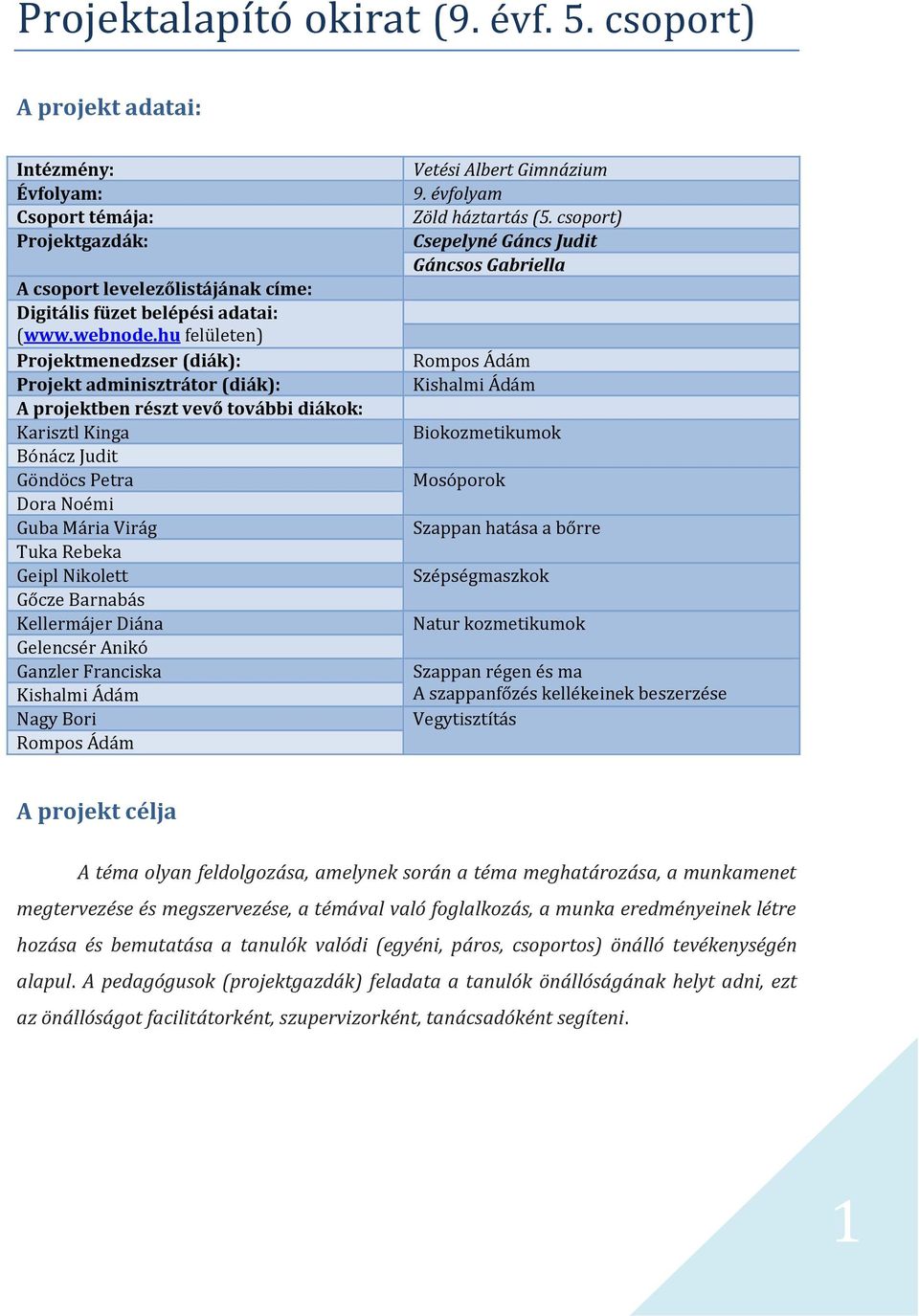 Nikolett Gőcze Barnabás Kellermájer Diána Gelencsér Anikó Ganzler Franciska Kishalmi Ádám Nagy Bori Rompos Ádám Vetési Albert Gimnázium 9. évfolyam Zöld háztartás (5.